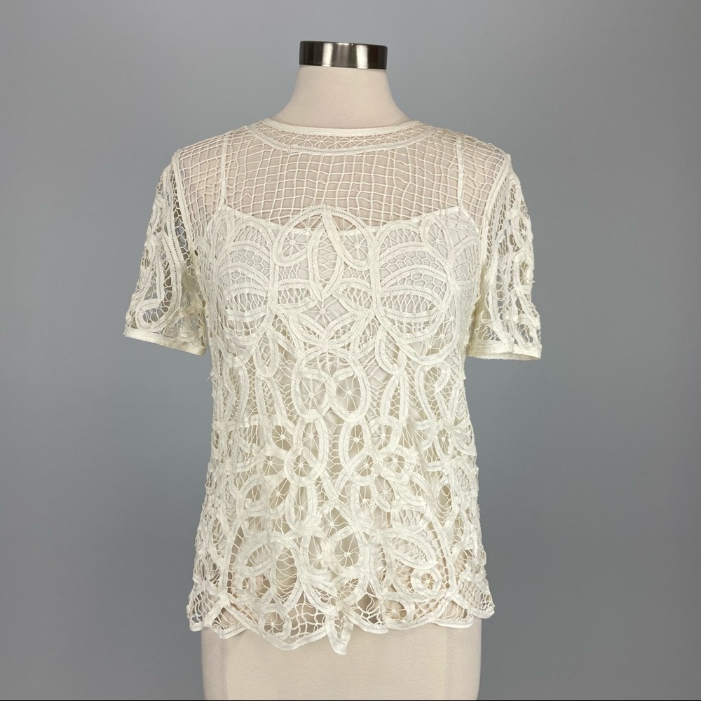 Rag and Bone Womens Nancy Sheer Battenburg Lace Blouse White Short Sleeve size M - Picture 3 of 16